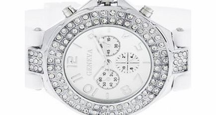 Sanwood Geneva Silicone Crystal Quartz Ladies Women Jelly Wrist Watch Versicolor White