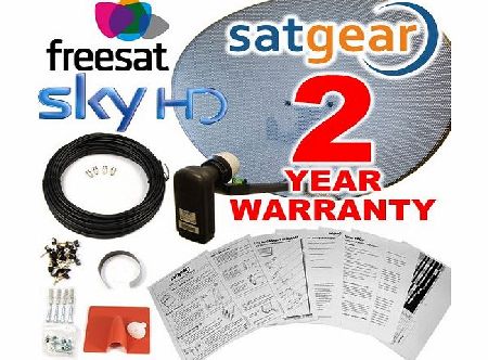 Satgear Sky/Freesat Zone 2 60cm HD Satellite Dish Kit with Brackets, Quad LNB, 20m Single RG6 Cable and Fixings