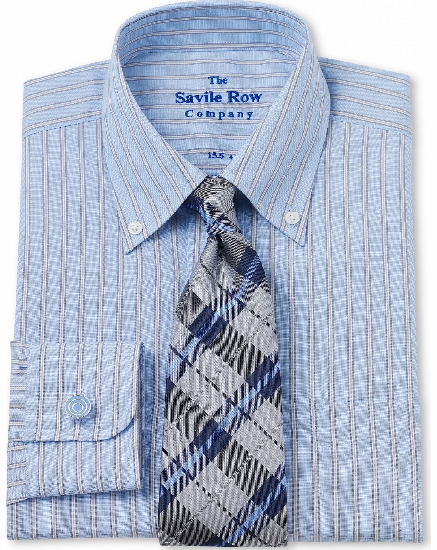 Savile Row Company Blue Grey End on End Stripe Classic Fit Shirt 15