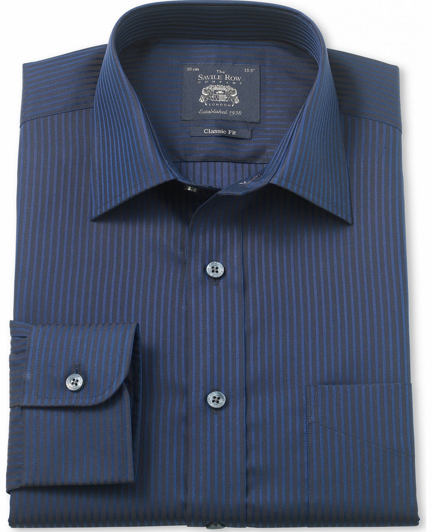 Savile Row Company Blue Navy Satin Stripe Classic Fit Shirt 15