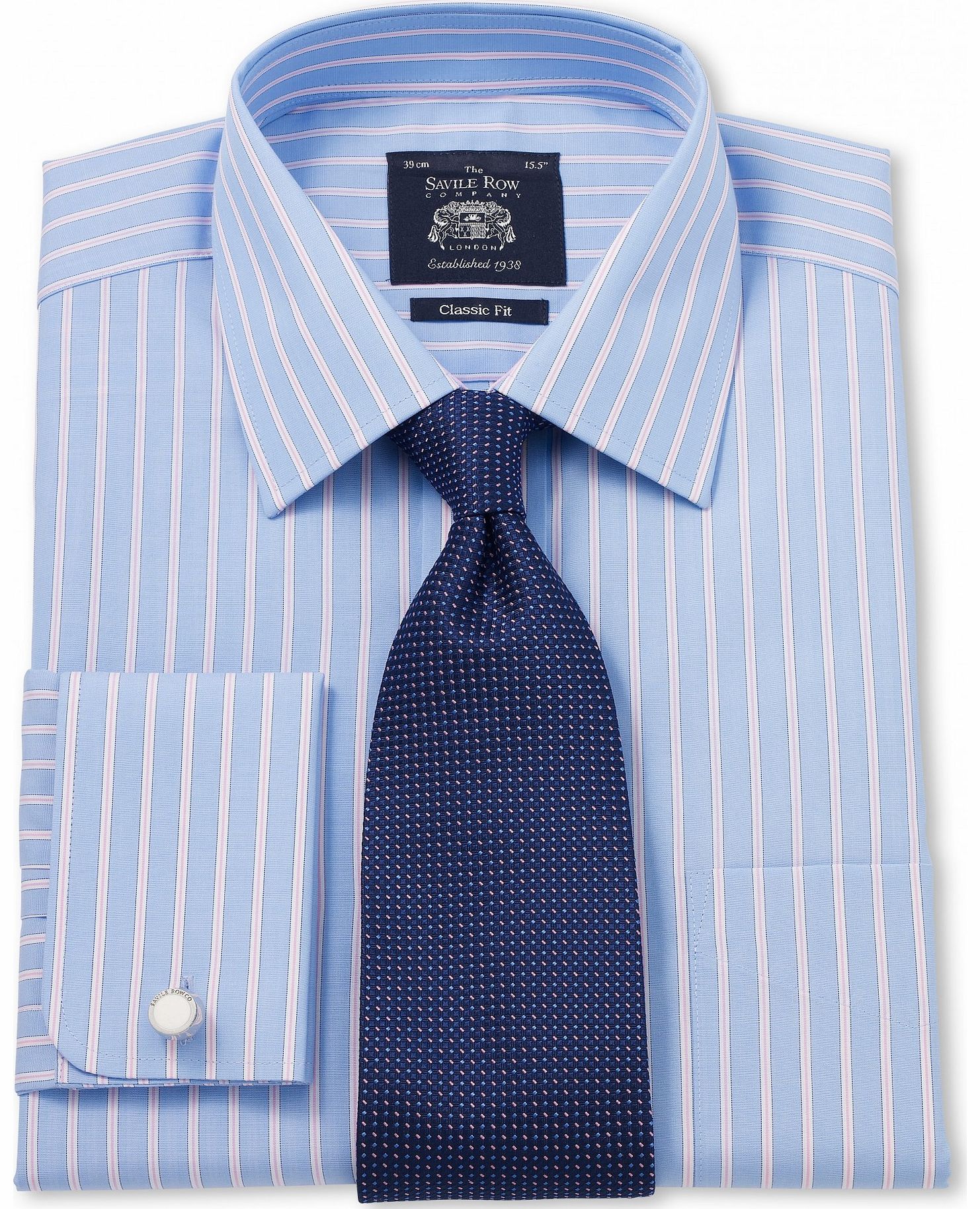 Savile Row Company Blue Pink Poplin Stripe Classic Fit Shirt 15``