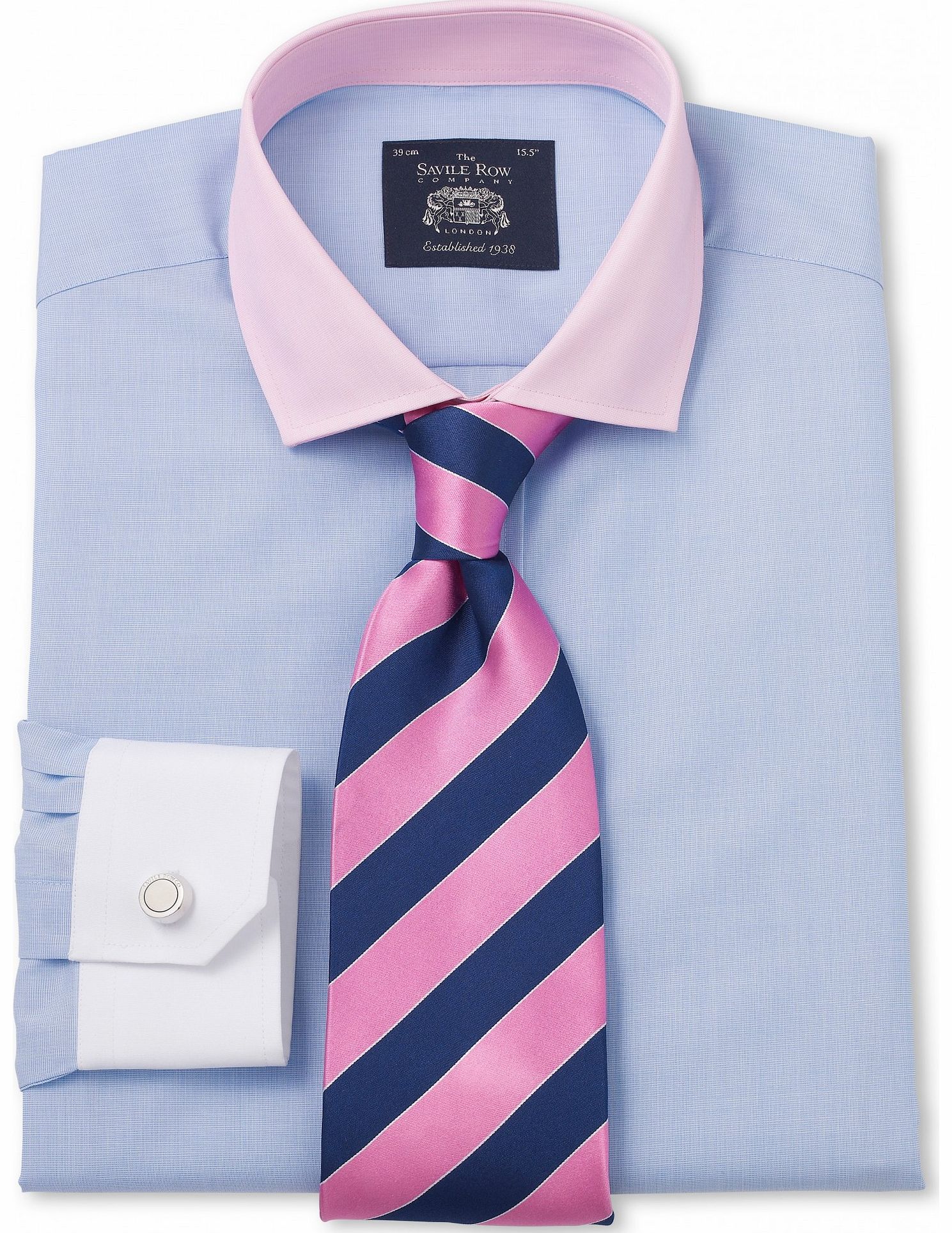 Savile Row Company Blue Pink White Poplin Slim Fit Shirt 16 1/2``
