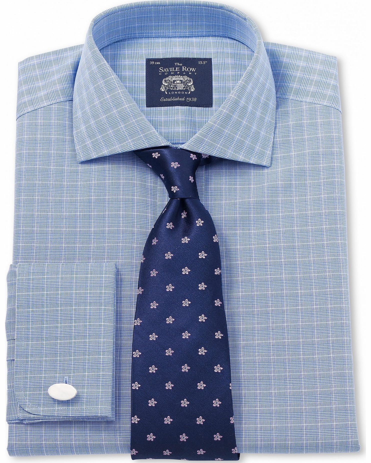 Savile Row Company Blue Poplin Prince of Wales Slim Fit Shirt 14