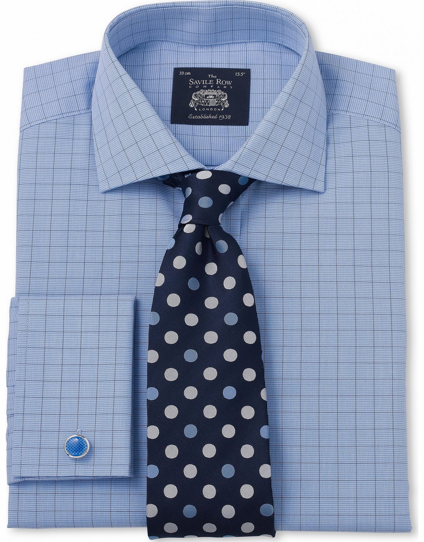 Savile Row Company Blue Prince of Wales Poplin Slim Fit Shirt 15``