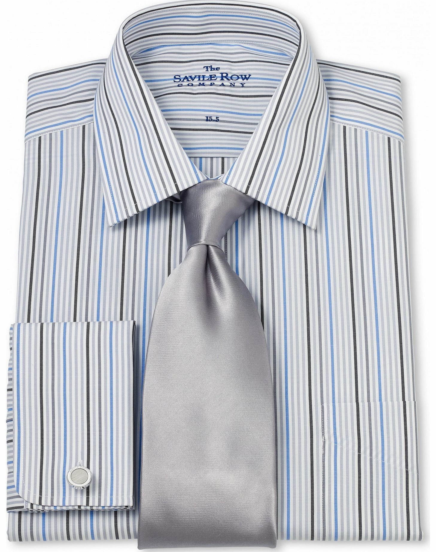 Savile Row Company Blue White Grey Stripe Classic Fit Shirt 15