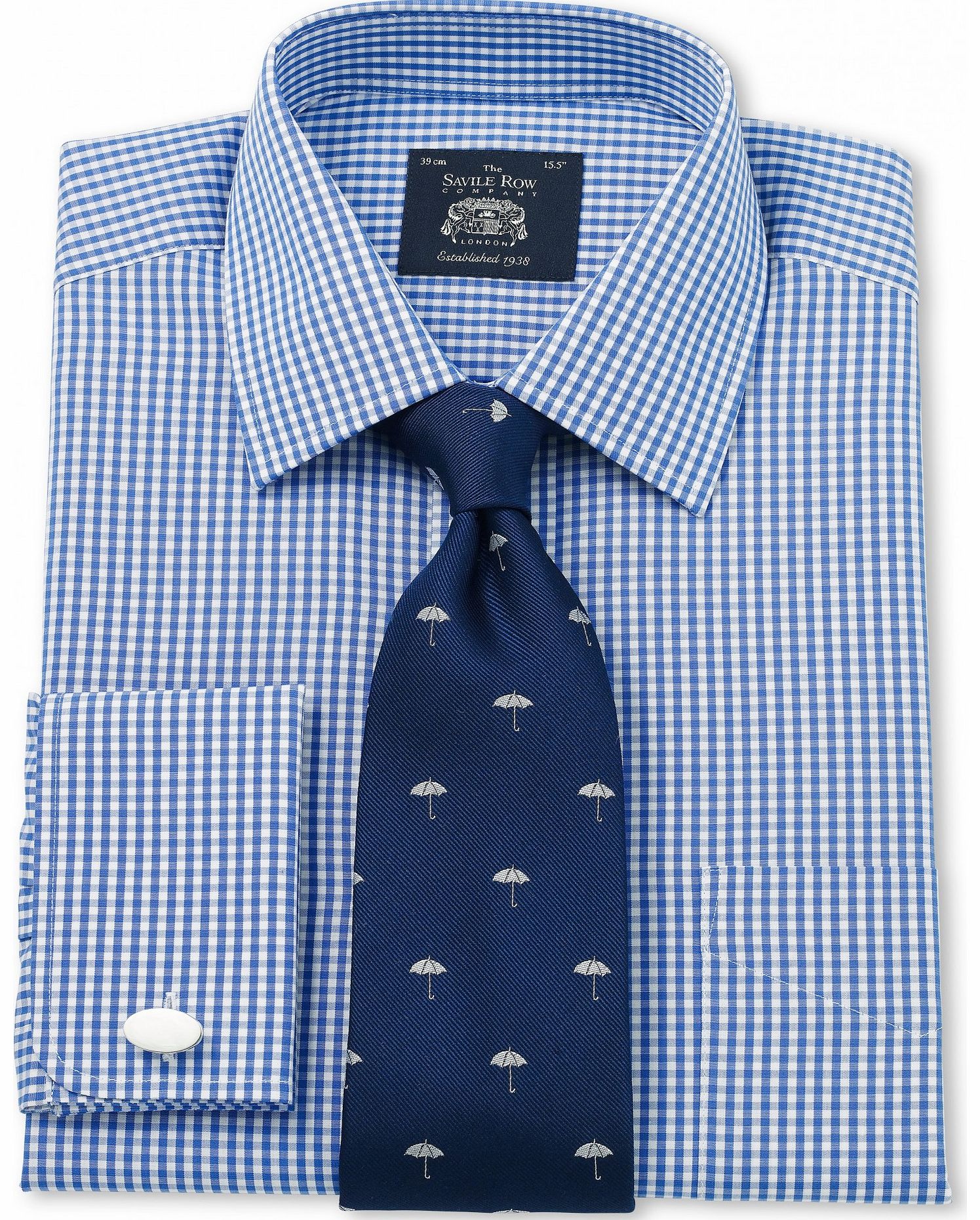 Savile Row Company Blue White Poplin Gingham Classic Fit Shirt 15``