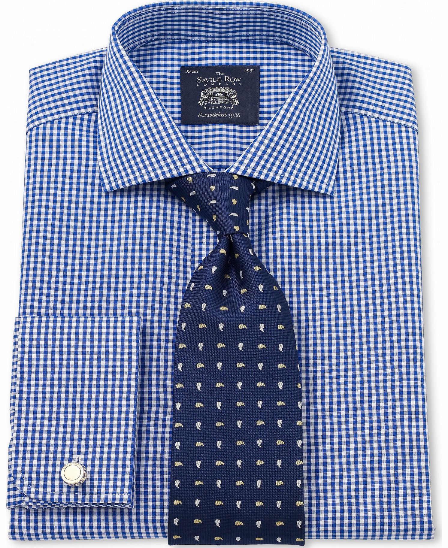 Savile Row Company Blue White Poplin Gingham Slim Fit Shirt 14