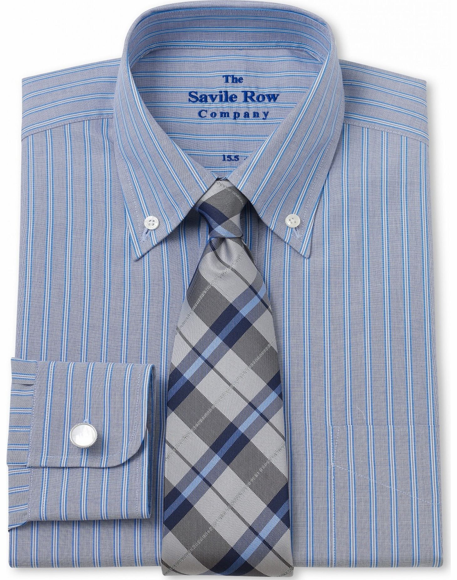 Savile Row Company Navy Blue End on End Stripe Classic Fit Shirt 19