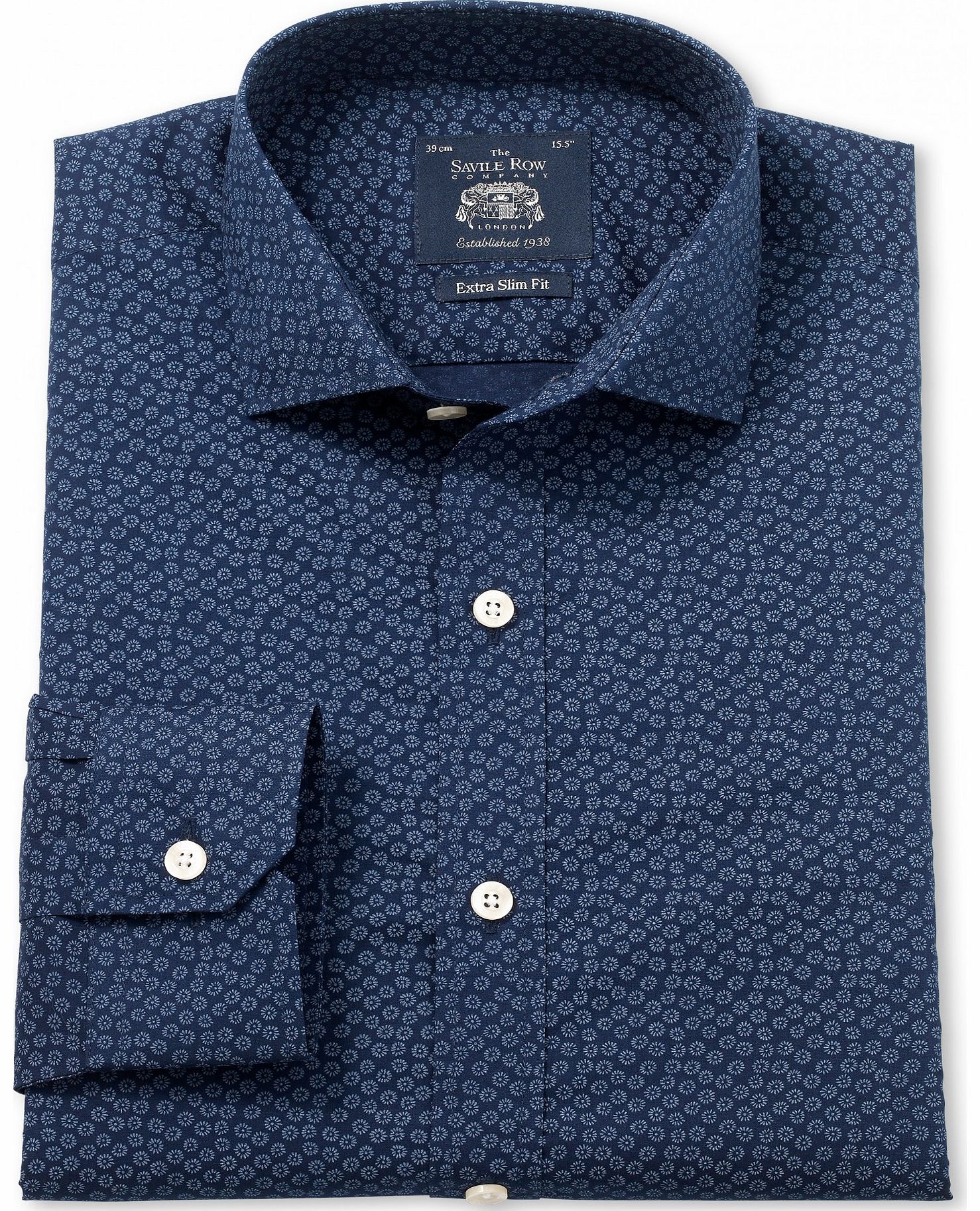 Savile Row Company Navy Blue Printed Extra Slim Fit Shirt 15 1/2``