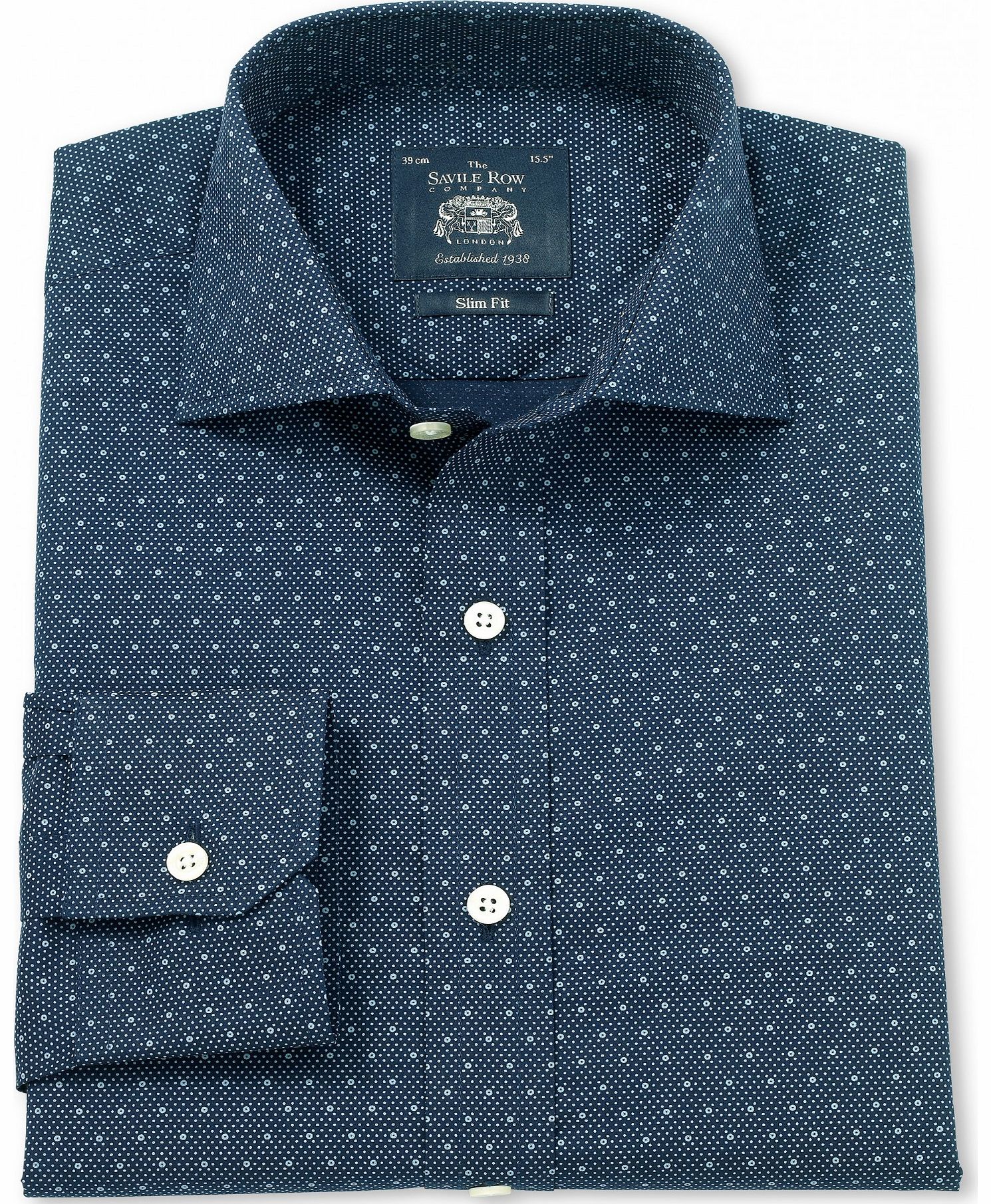 Savile Row Company Navy Blue Printed Poplin Slim Fit Shirt 16``