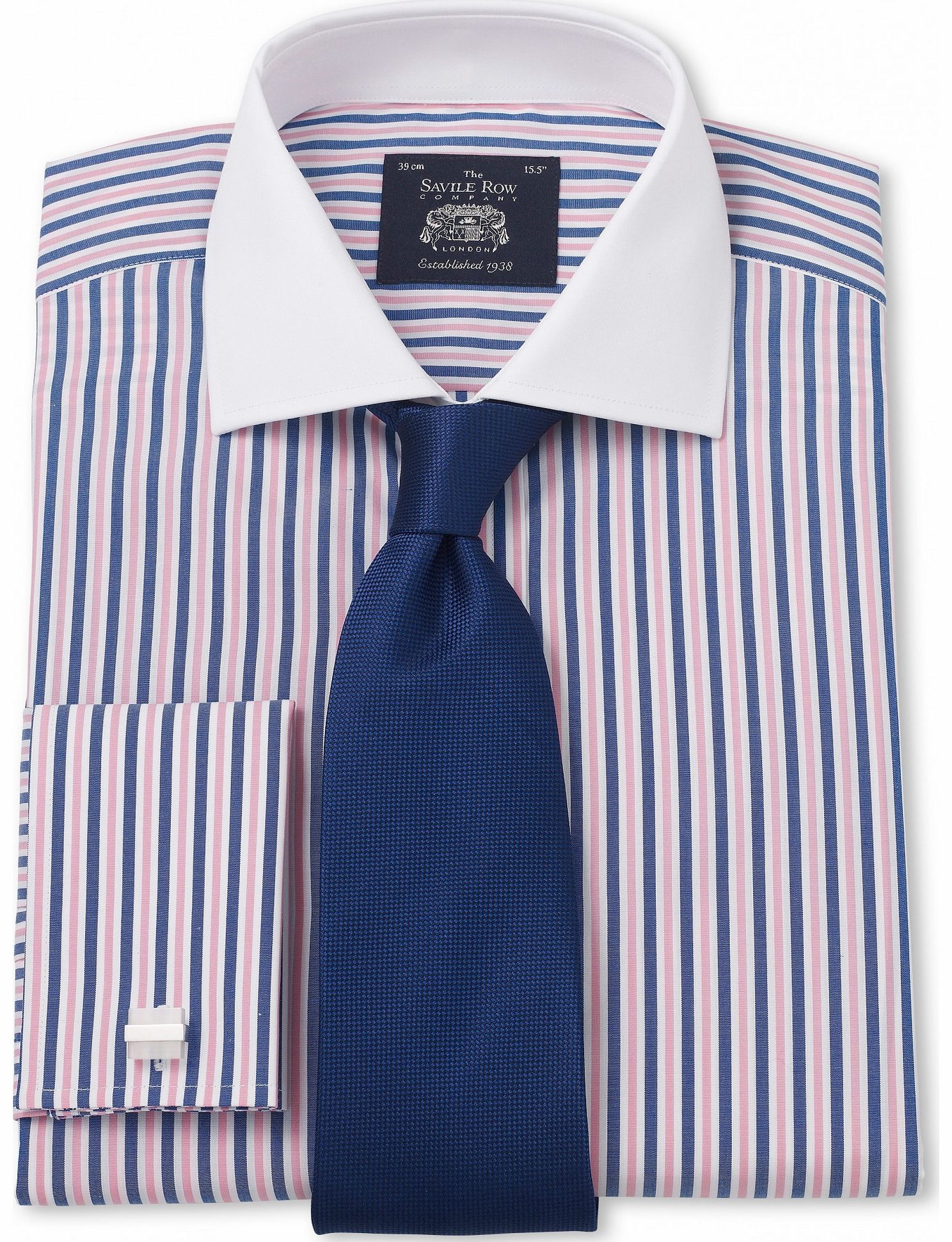 Savile Row Company Navy White Pink Stripe Poplin Slim Fit Shirt 14