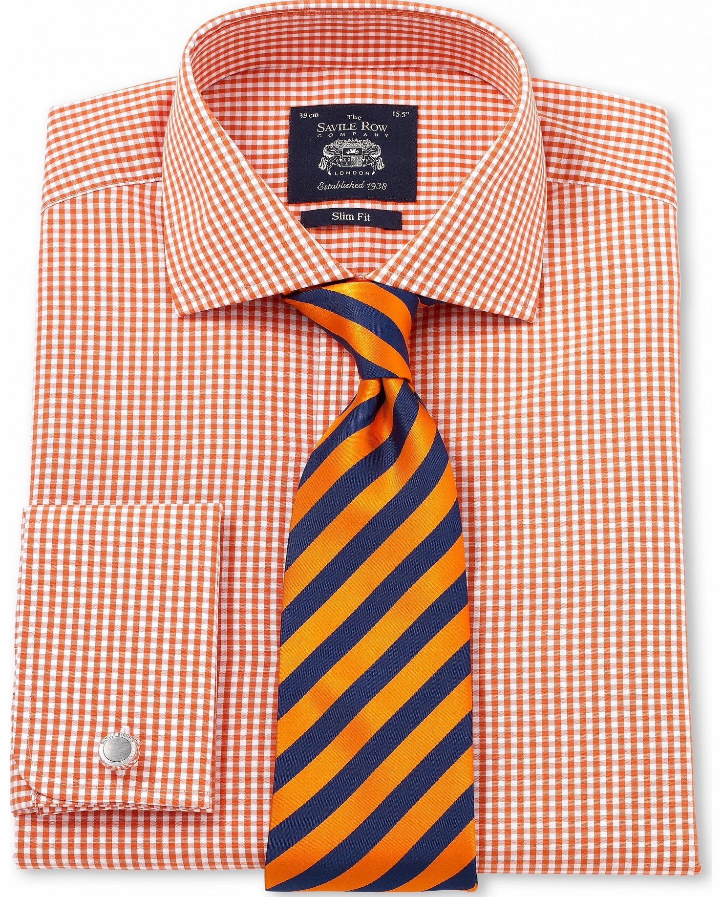 Savile Row Company Orange White Poplin Gingham Slim Fit Shirt 15``