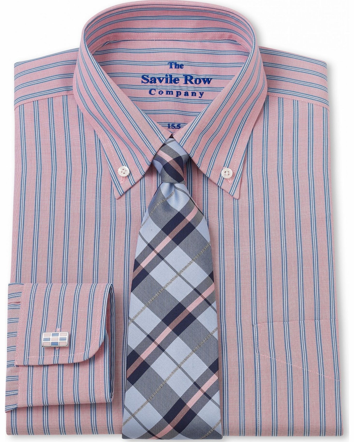 Savile Row Company Red Blue End on End Stripe Classic Fit Shirt 16
