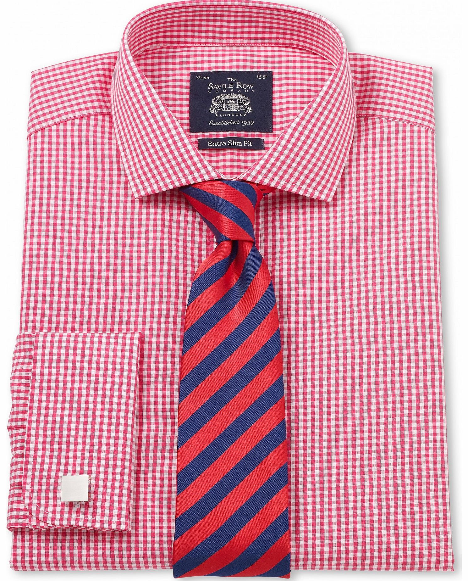 Savile Row Company Red White Poplin Gingham Extra Slim Fit Shirt 14
