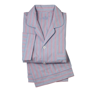 Savile Row Red Blue Tramline Stripe Men` Cotton Poplin Pyjamas