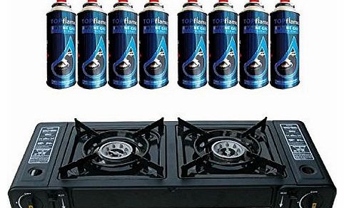 Topflame Dual Burner Double Hob Camping Gas Stove Cooker + 8 Gas Refills