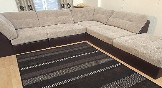 Brown Beige Leather amp; Fabric Corner Sofa Sofa Bed COUGAR R/H