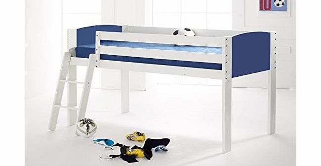 Scallywag Kids Cabin Bed Mid Sleeper, Solid Pine White with Blue End Panels. Made In The UK.
