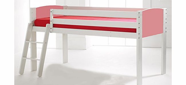 Scallywag Kids Cabin Bed Mid Sleeper, Solid Pine White with Pink End Panels. Made In The UK.