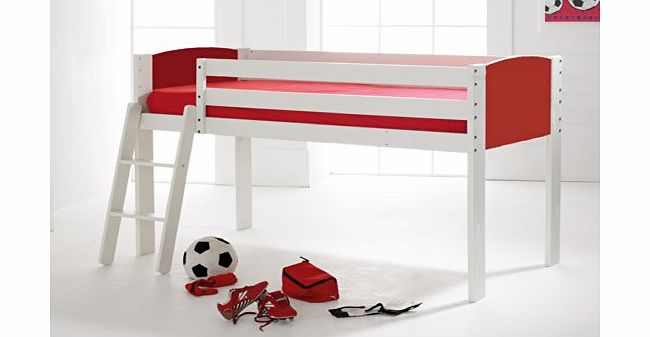 Scallywag Kids Cabin Bed Mid Sleeper, Solid Pine White with Red End Panels. Made In The UK.