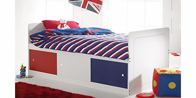 Scallywag Kids Captains Bed White with 3 Sliding Doors in Red/White/Blue. Made In The UK.