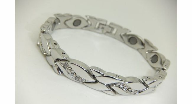 Womens Silver Colour Magnetic Bracelet With Clear Diamante Gem Stones In Gift Pouch, Arthritis Aid, Pain Relief