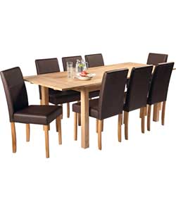 Schreiber Oxford Oak Dining Table and 8 Brown Leather