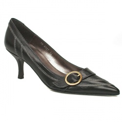 Schuh Female Pivo Buckle Court Leather Upper Low Heel in Black, Tan