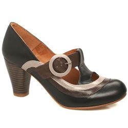 Schuh Female Unzue Panel T-Bar Leather Upper Low Heel in Black and Grey, Brown, Purple