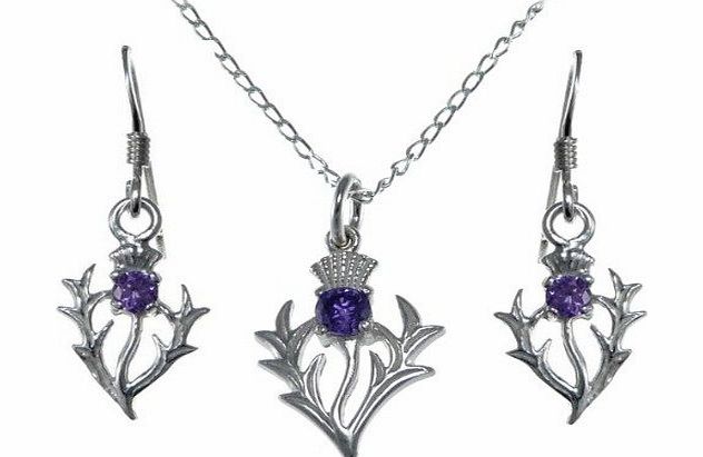 Scottish Jewellery Shop Sterling Silver Amethyst Thistle Pendant and Earrings Scottish Gift Set