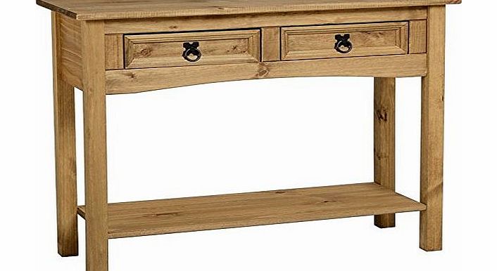 Corona Distressed Waxed Pine Console Table With Two Drawers and a Shelf