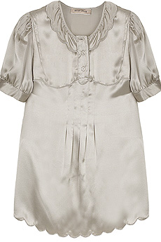 Taupe silk satin short sleeve blouse with scalloped trim.