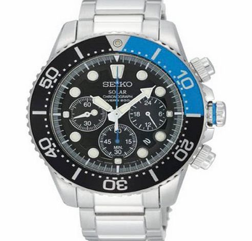Gents/Mens Seiko Sports Watch Stainless Steel & Black Dial, Solar Powered, Chronograph 200m Water Resistant with Date SSC017P1