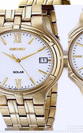 Seiko Mens Quartz Analogue Watch SNE030P1 with Gold Plated Solar Bracelet and White Dial
