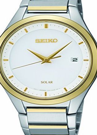 Seiko Mens Two Tone Watch, Solar-Power, White Dial SNE246P1
