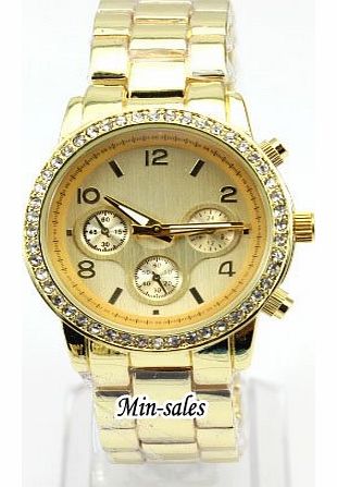 Designer Style Rhinestone Diamond Watch - Quartz - Chronograph - Chronograph - Gold Bracelet . Presented in a luxury gift bag. 8 variations of two models.