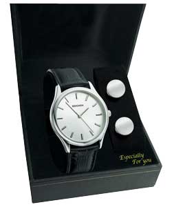 sekonda Gents Black Leather Watch and Cufflinks