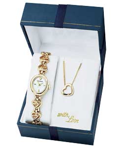 Ladies Gold Plated Stone Set Gift Set Watch