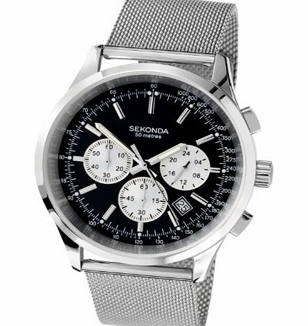 Sekonda Mens Quartz Watch with Black Dial Chronograph Display and Silver Stainless Steel Bracelet 3415.27