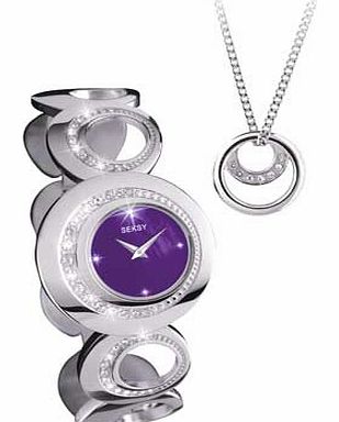 Seksy Ladies Purple Dial Watch and Necklace Set