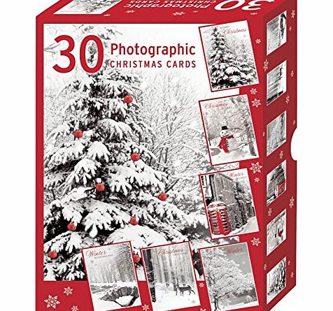 Selective Bumper Box of 30 Photographic Christmas Cards Black White Red Scenic Designs