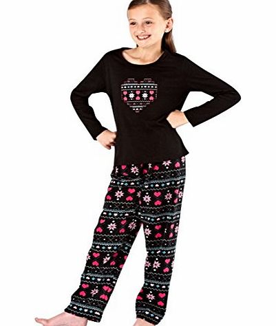 Childrens/Girls Nightwear/Sleepwear Heart Print Long Sleeve Pyjama Suit Set, Black 7/8 Years