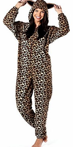Selena Secrets Ladies Onesies All In One Sleep Suit Pyjamas Animal Ears (12/14, Leopard)