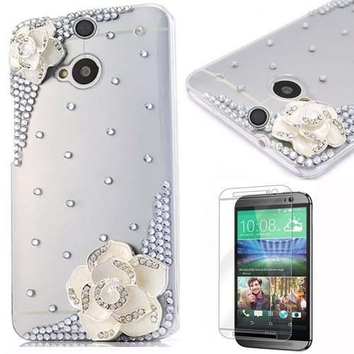2 in 1 Phone Mobile Accessories for HTC ONE M8 3D Handmade DIY Rhinestone Bling Glitter Diamond Case Cover Skin Shell with White Camellias Flower And Screen Protector