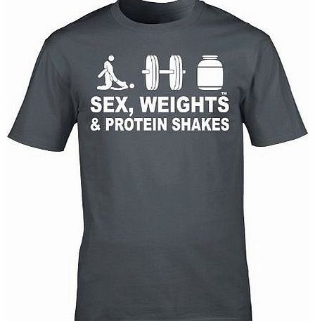 SEX WEIGHTS AND PROTEIN SHAKES (L - CHARCOAL) NEW PREMIUM LOOSE FIT BAGGY T SHIRT - (BASIC DESIGN 3) Gym Fitness Body Building Golds Worlds Golds Worlds Workout Slogan Funny NoveltyVintage retro top M