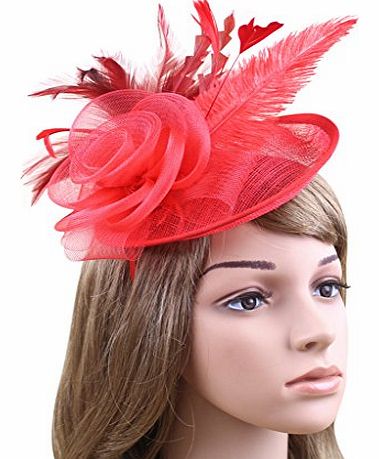 Womens Feathers Fascinator on Headband Mesh Flowers (RED)