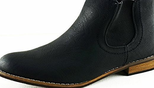 SFO WOMENS LADIES FAUX LEATHER FLAT PULL ON ANKLE CHELSEA GUSSET BOOTS SIZE (UK4, Black)