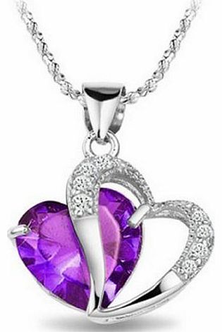 SheClub Rhodium Plated Diamond Accent Amethyst Heart Shape Pendant Necklace 18``-sn3017