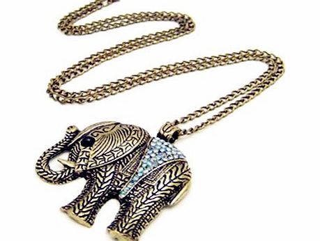 SheClub Vintage Retro Bronze Large Elephant CLear Crystal Long Necklace Animal