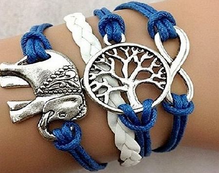 SheClub Wax Rope Braided Bracelet, Unisex Gift Infinity Lucky Elephant and Life of Tree Charms Bracelet in Blue Wax Cords